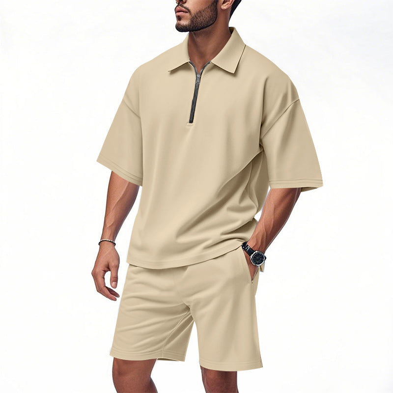 Herren lässiges Kurzarm-Set mit modernem Reißverschluss und bequemen Shorts Echoarchiv