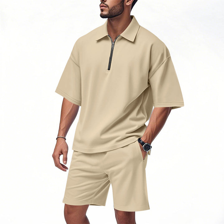 Herren lässiges Kurzarm-Set mit modernem Reißverschluss und bequemen Shorts Echoarchiv