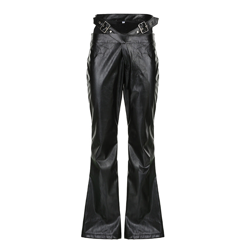Damen Modische Kunstleder Flared Hose mit verstellbarem Bund Echo Archiv