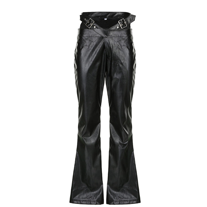 Damen Modische Kunstleder Flared Hose mit verstellbarem Bund Echo Archiv