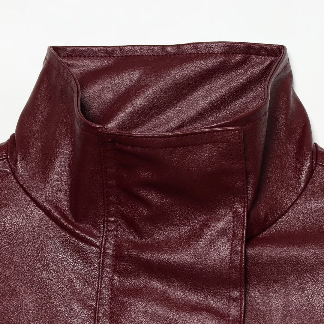 Damen Taillierte Kunstlederjacke mit hohem Stehkragen und Bindegürtel Echoarchiv