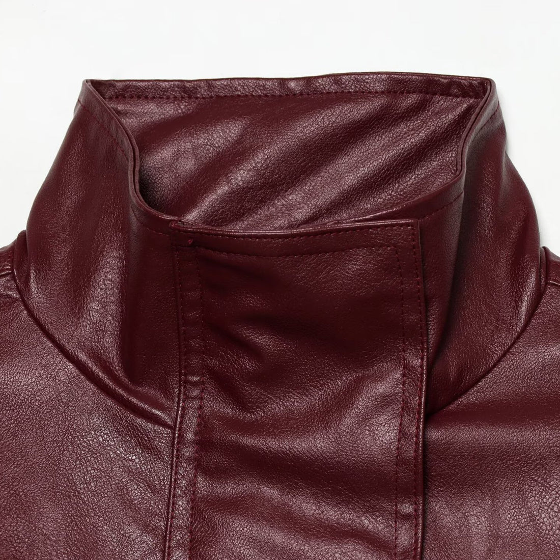 Damen Taillierte Kunstlederjacke mit hohem Stehkragen und Bindegürtel Echoarchiv