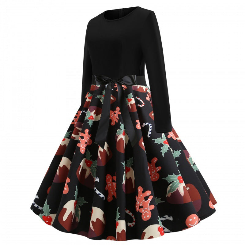 Damen Festliches Tellerkleid im Retro Stil mit langen Ärmeln tailliertem Oberteil und Satin‑Taillenschleife – Élara