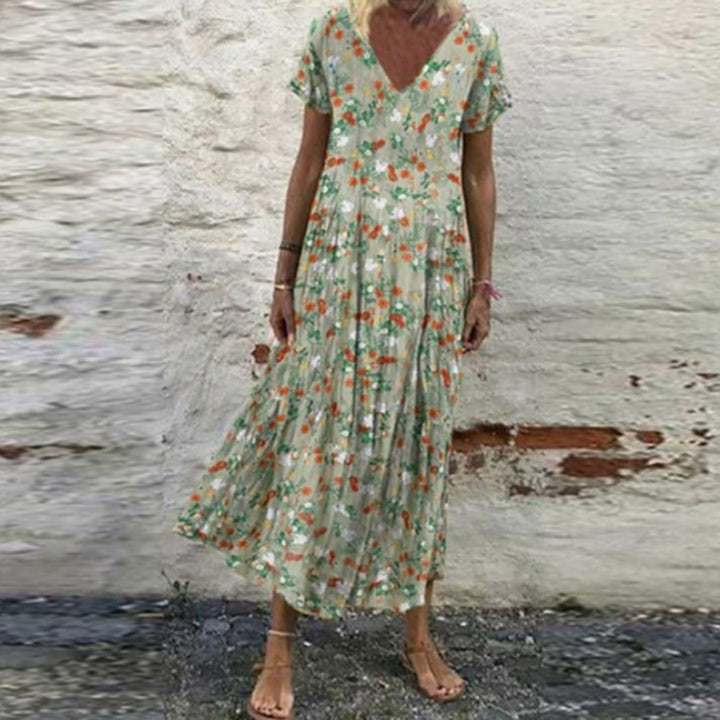 Damen nan V-Ausschnitt-Maxikleid mit feinem Faltenrock, Empire-Passe und Kurzarm Echo Archiv