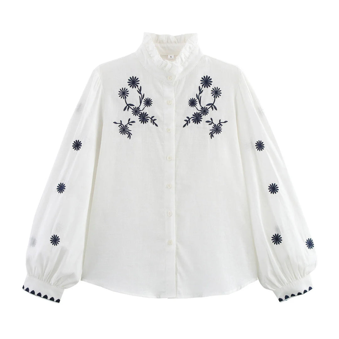 Damen nan bestickte Bluse mit Volumenärmeln und Rüschenstehkragen Echo Archiv