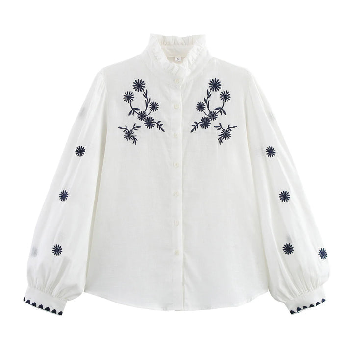 Damen nan bestickte Bluse mit Volumenärmeln und Rüschenstehkragen Echo Archiv