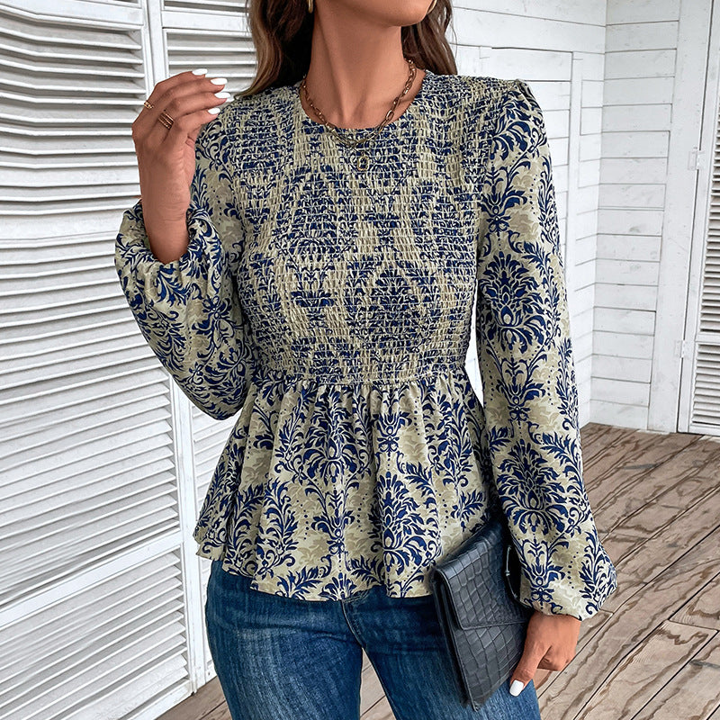 Damen Gerafftes Smock-Blusenshirt mit Peplum und voluminösen Puffärmeln Echoarchiv
