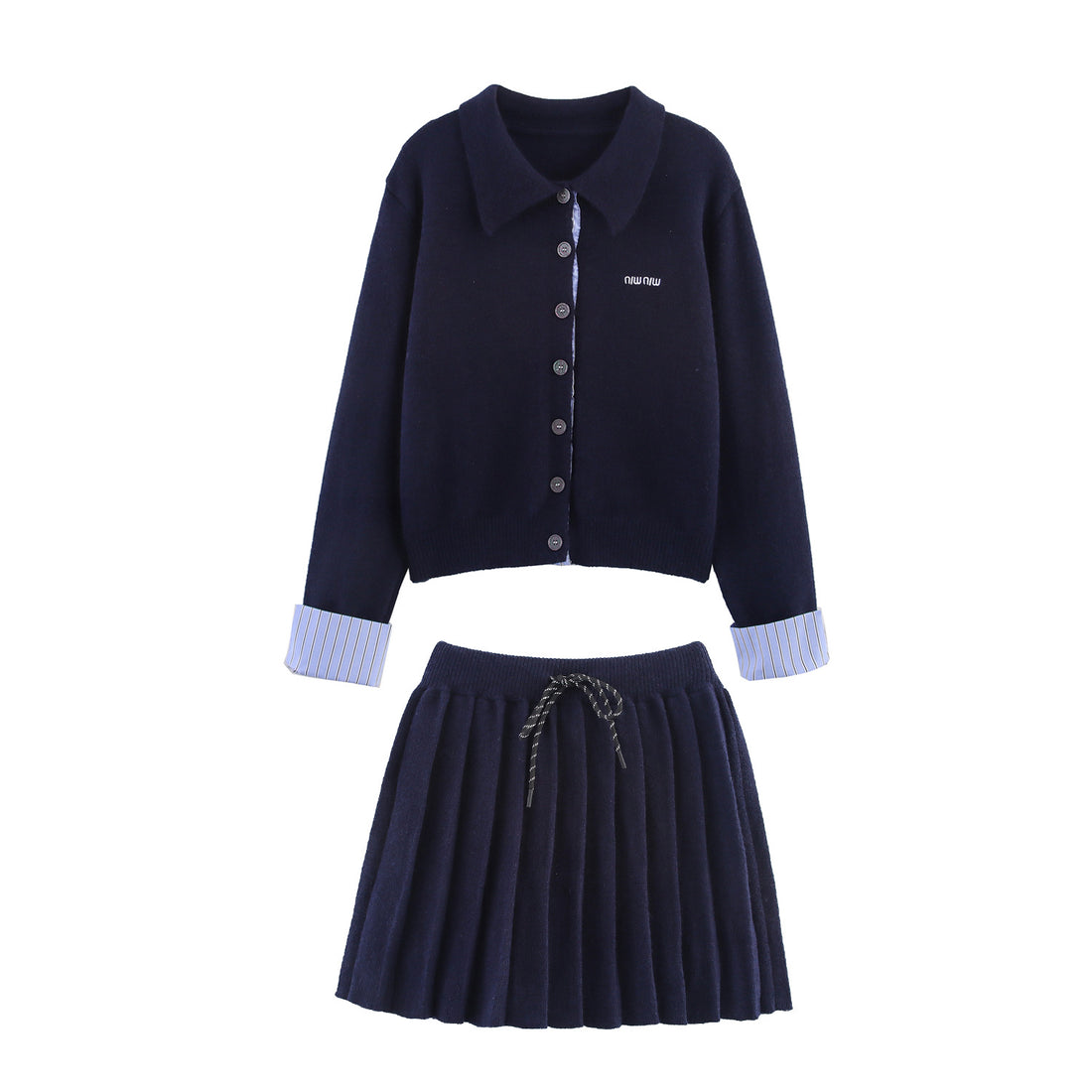 Damen Zweiteiliges Feinstrick-Set mit Hemdkragen-Cardigan und plissiertem Rock Echoarchiv