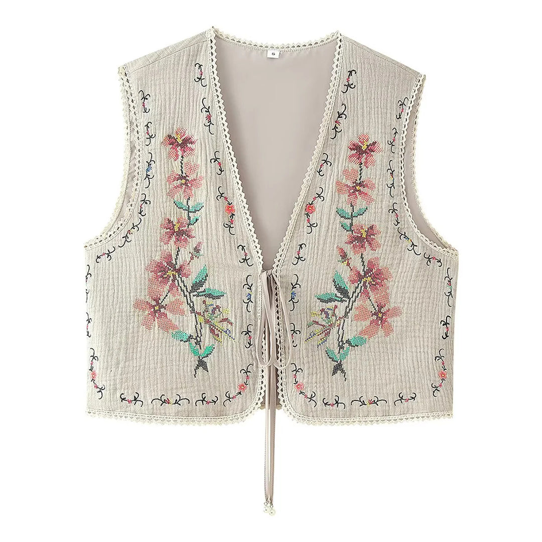Damen nan bestickte Boho-Weste mit V-Ausschnitt, Front-Schnürung und zarter Spitzenborte Echo Archiv
