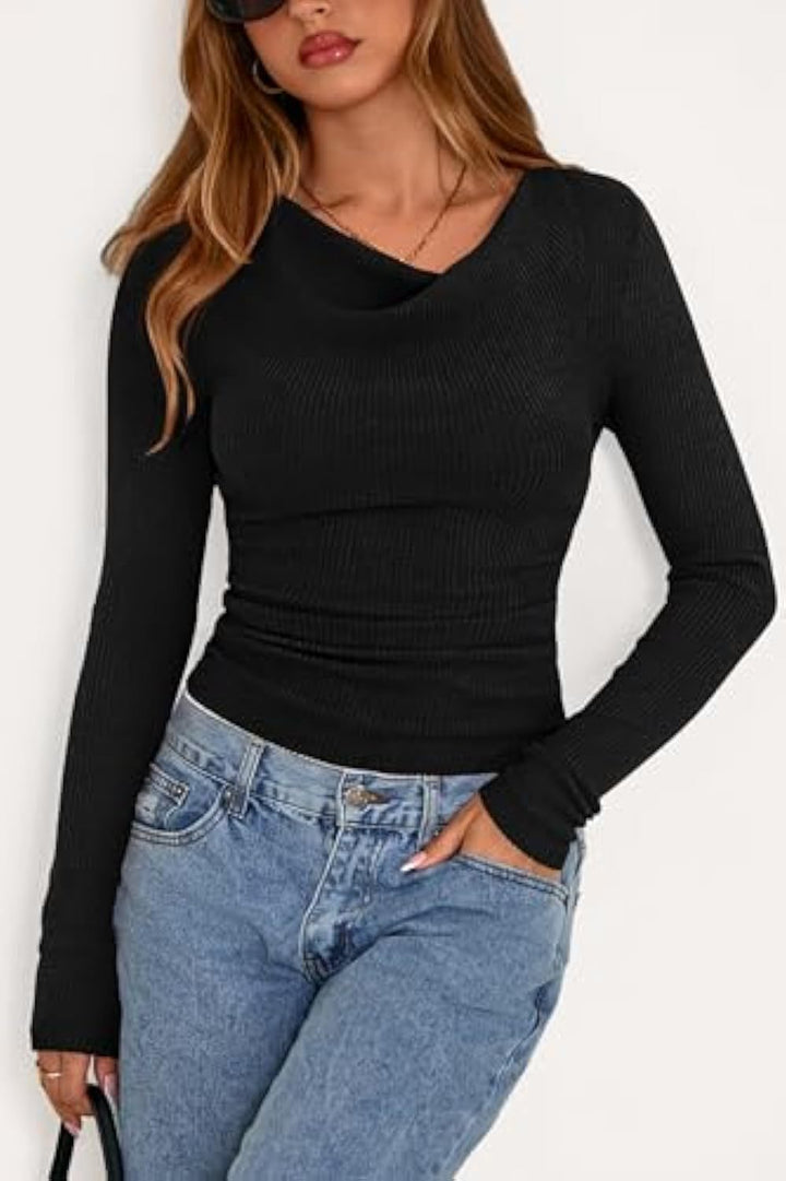Damen Figurbetontes Feinripp-Longsleeve mit asymmetrischem Wasserfallkragen – Avérine