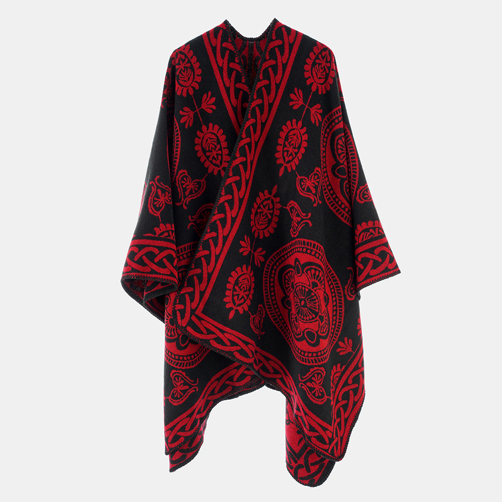 Damen Oversize-Cape mit ornamentalem Jacquard und asymmetrischem Zipfelsaum Echo Archiv