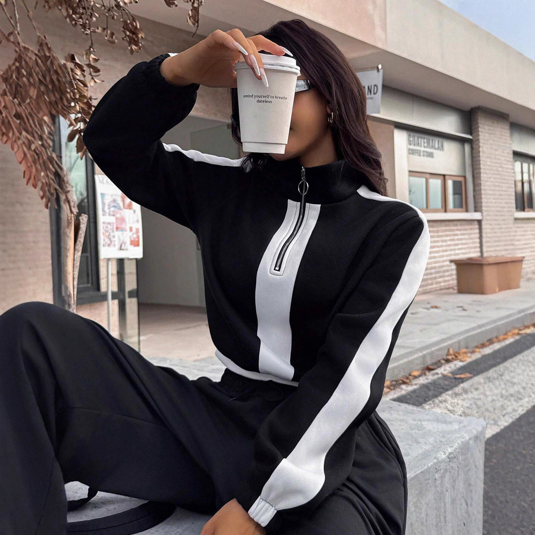 Damen kurzes Sweatshirt mit Halbreißverschluss und elastischer Bund Jogginghose Set – Avérine