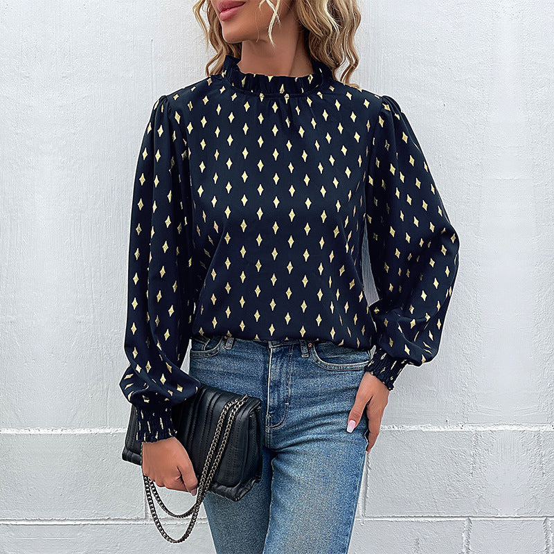 Damen Elegante Rüschen-Stehkragen-Bluse mit Puffärmeln und Smokbündchen Echoarchiv