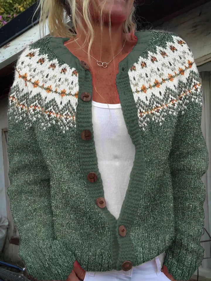 Damen nan gemusterte Strickjacke mit Rundpasse, Holzknöpfen und Eingrifftaschen Echo Archiv