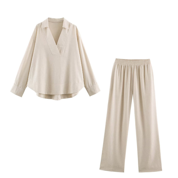 Damen Oversize Leinen-Mix Bluse mit tiefem V-Ausschnitt und Hemdkragen Echo Archiv
