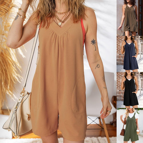 Damen Ärmelloser Waffel-Shorts-Overall mit V‑Ausschnitt und Eingrifftaschen – Solévia
