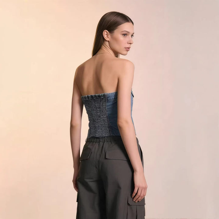 Damen Denim Bustier-Top mit Knopfdetail und Fransen Echo Archiv
