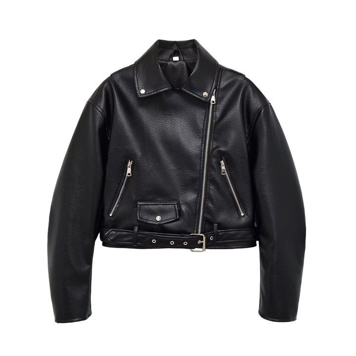 Damen Bikerjacke aus veganem Lederimitat mit asymmetrischem Reißverschluss und Taillengürtel Echoarchiv