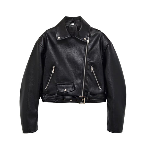 Damen Bikerjacke aus veganem Lederimitat mit asymmetrischem Reißverschluss und Taillengürtel Echoarchiv