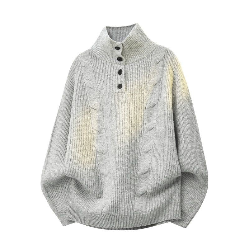 Damen Oversize Zopfstrickpullover mit hohem Rollkragen und Knopfleiste Echoarchiv