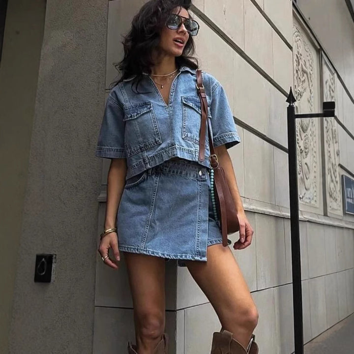 Damen modisches Denim-Kurzoberteil und Rock Set Echo Archiv
