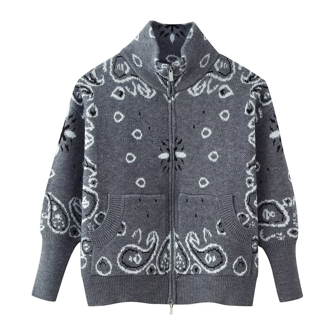Damen Grobgestrickte Zip-Strickjacke mit Stehkragen und Paisley‑Jacquard Echo Archiv
