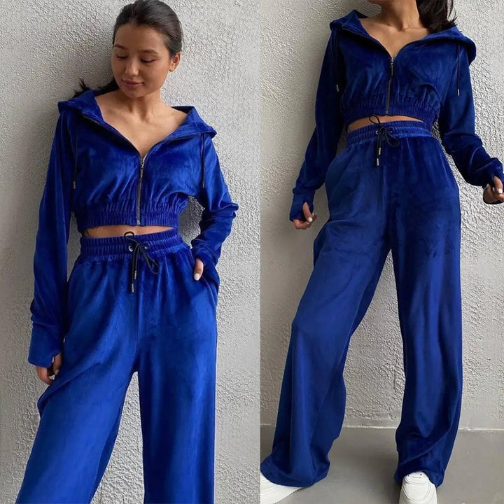 Damen Samt-Loungewear-Set mit Cropped Zip-Kapuzenjacke und weiter Palazzohose – Élanora