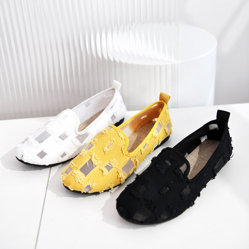 Damen nan lässiger Slipper mit Netz-Einsätzen und ausgefransten Jeansdetails Echo Archiv