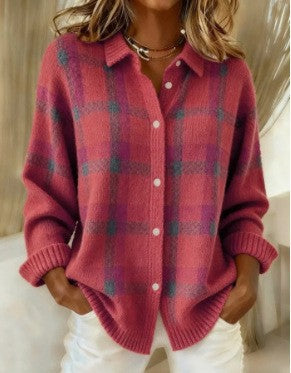 Damen Kariertes Strick-Hemdjacke-Cardigan mit Hemdkragen und gerippten Bündchen Echoarchiv