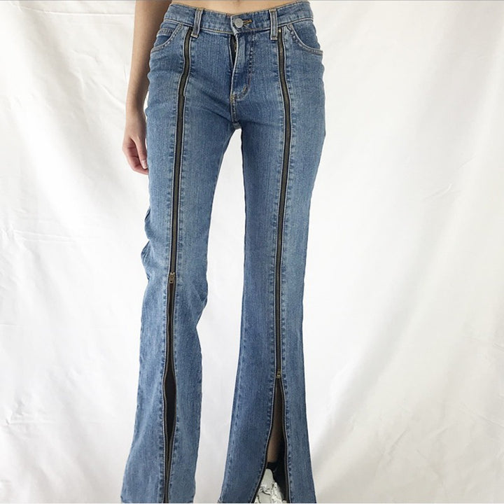 Damen nan Jeanshose mit durchgehenden Front-Reißverschlüssen, hoher vorderer Beinöffnung und ausgestelltem Schlag Echo Archiv