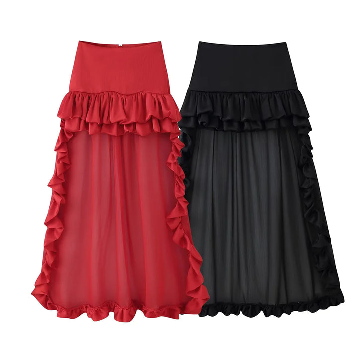 Damen Maxirock mit hoher Taille, mehrlagigen Volants und transparentem Tüll-Overlay – Valéora