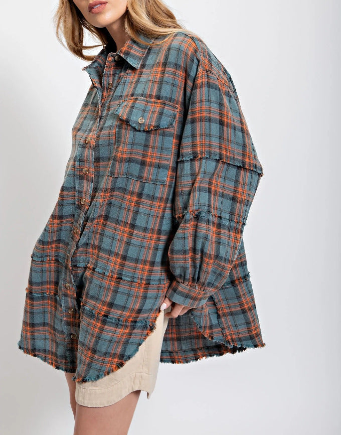 Damen nan oversized Karo-Überhemd mit Fransenbesatz, Brusttaschen und lockerer Passform Echo Archiv