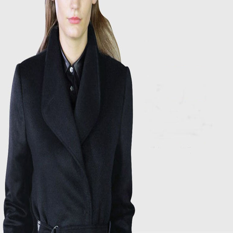 Damen Maxilanger taillierter Wickel-Longcoat mit Schalkragen und feinem Bindegürtel Echoarchiv
