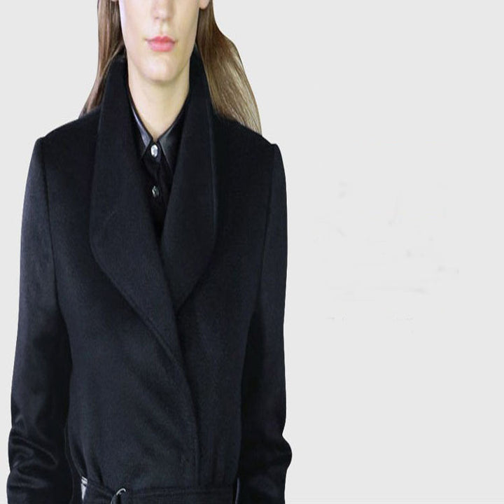 Damen Maxilanger taillierter Wickel-Longcoat mit Schalkragen und feinem Bindegürtel Echoarchiv