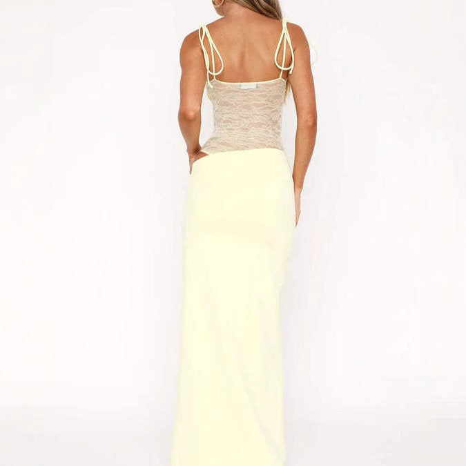 Damen nan elegantes Maxikleid mit transparentem Spitzenmieder Bandeau-Oberteil und Bindeträgern Echo Archiv