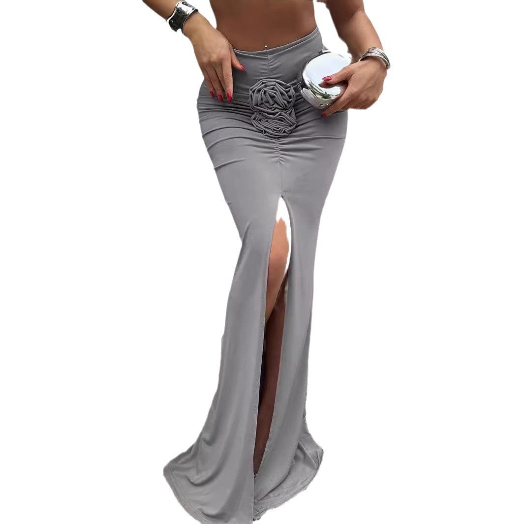 Damen Maxi-Rock mit elegantem Schlitz und floralem Rüschenapplikation Echo Archiv