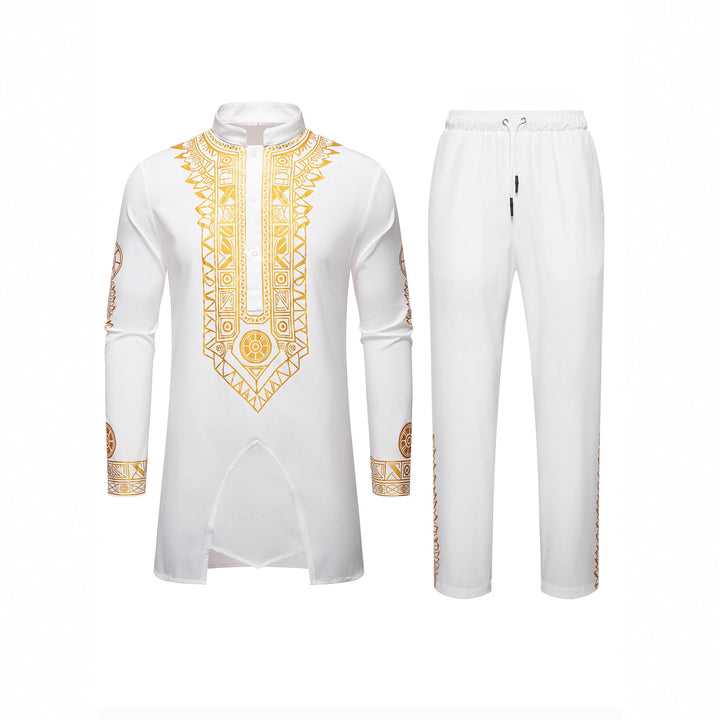 Herren Traditionelles Langarm-Kurta-Set mit Stehkragen, goldfarbenem Ornamentdruck und Tunnelzughose Echo Archiv