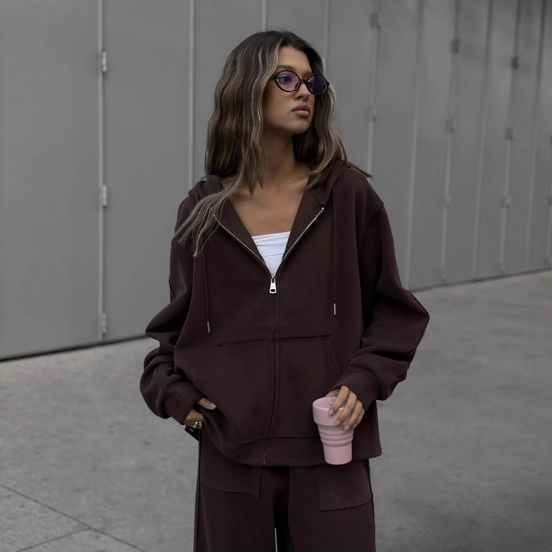 Damen oversized Kapuzenjacke mit Reißverschluss und lässiger Cargo-Loungehose – Auréline