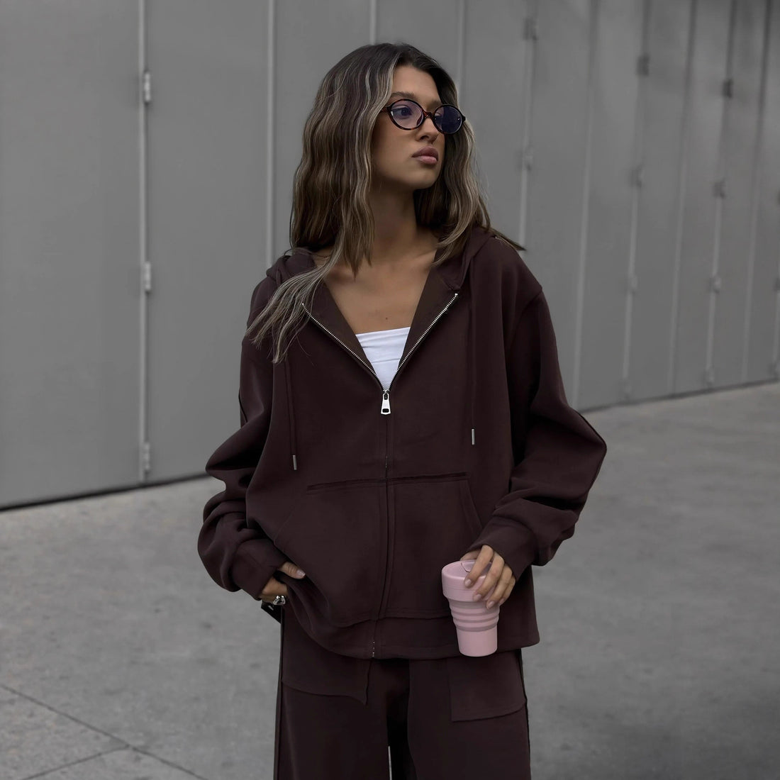 Damen oversized Kapuzenjacke mit Reißverschluss und lässiger Cargo-Loungehose – Auréline