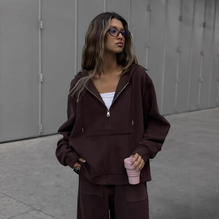 Damen oversized Kapuzenjacke mit Reißverschluss und lässiger Cargo-Loungehose – Auréline