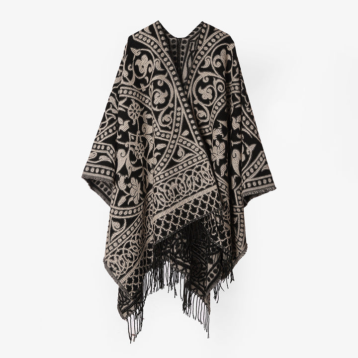 Damen Grobgewebter Rechteck‑Poncho mit orientalischem Medaillon‑Jacquard und dekorativem Fransensaum – Avérine
