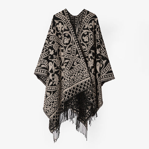 Damen Grobgewebter Rechteck‑Poncho mit orientalischem Medaillon‑Jacquard und dekorativem Fransensaum – Avérine
