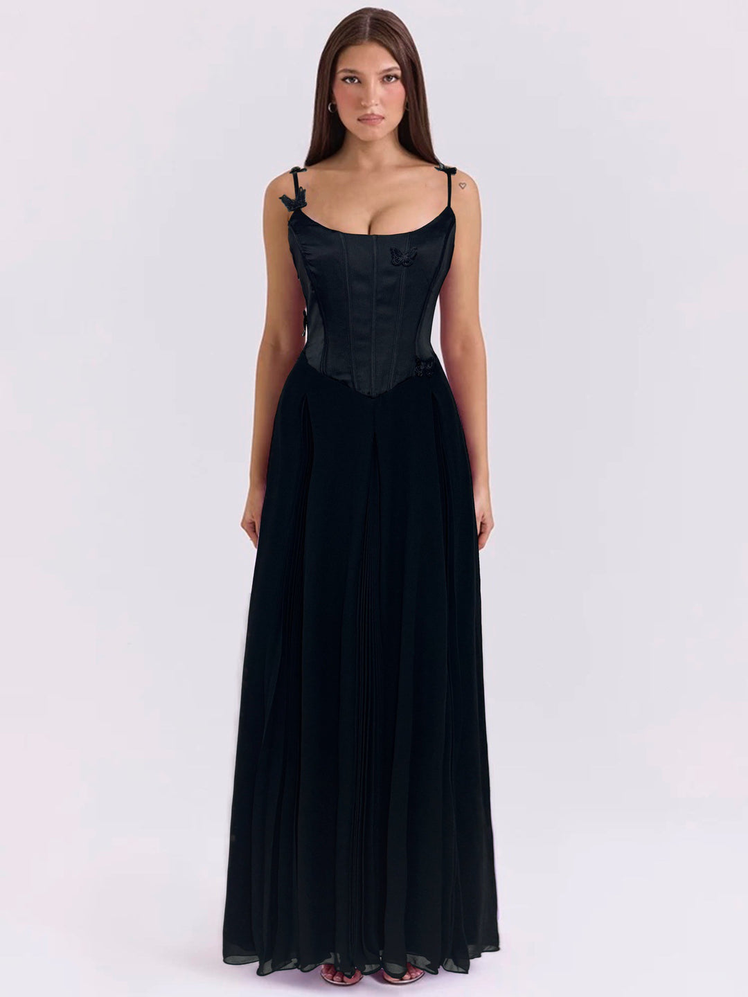 Damen nan figurbetontes Korsett-Maxikleid mit Schmetterlings-Trägern und plissiertem Chiffonrock Echo Archiv