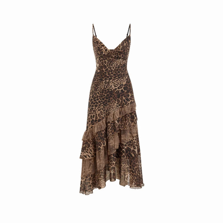 Damen elegantes Midikleid mit asymmetrischem Volant und Animal-Print Echo Archiv