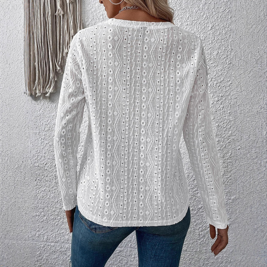 Damen Spitzenbluse mit Lochstickerei, langer Arm und Rundhalsausschnitt – Élovi