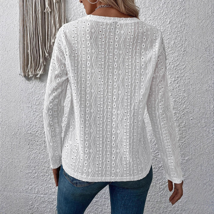 Damen Spitzenbluse mit Lochstickerei, langer Arm und Rundhalsausschnitt – Élovi