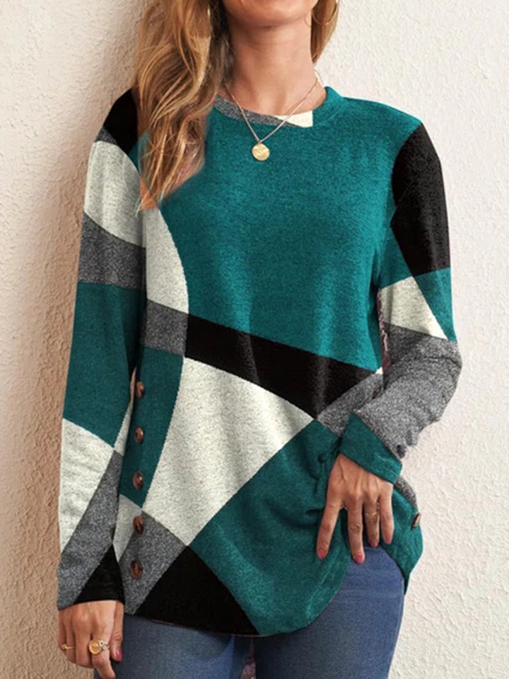 Damen Geometrischer Übergroßer Strickpullover mit Knopfdetails an der Seite Echoarchiv