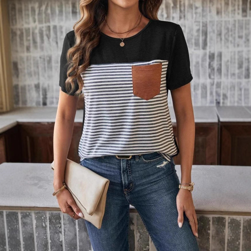 Damen Trendiges T-Shirt mit gestreiftem Design und Leder-Tasche Echo Archiv