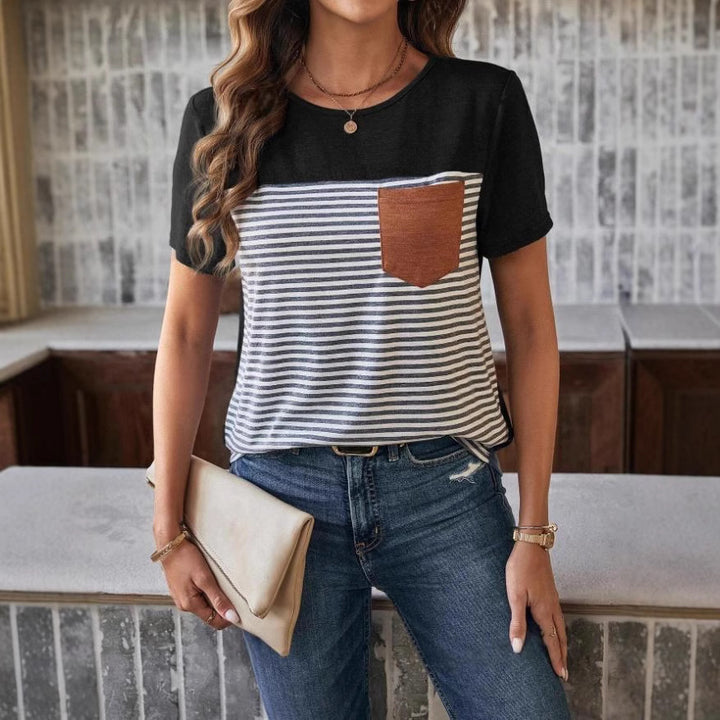 Damen Trendiges T-Shirt mit gestreiftem Design und Leder-Tasche Echo Archiv
