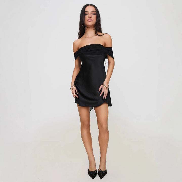 Damen Off-Shoulder Kleid mit elegantem Satin-Finish und fließendem Schnitt Echo Archiv
